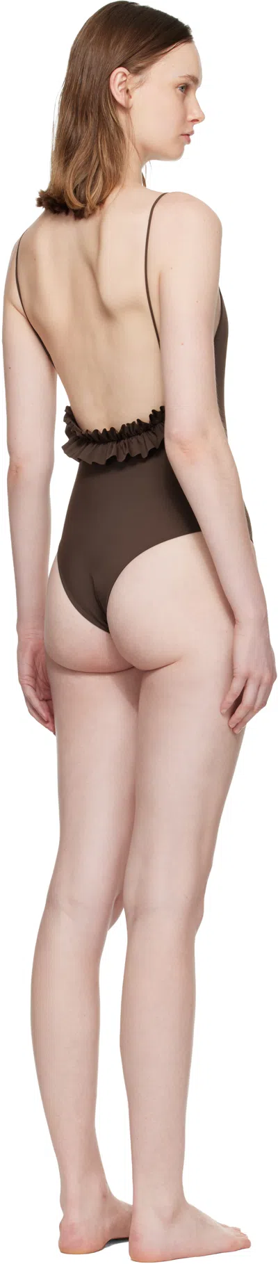Jacquemus Cabana One Piece Swimsuit High Leg Ruffle In Brown