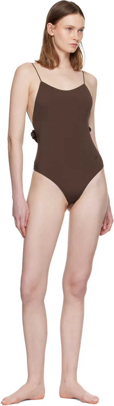 Jacquemus Cabana One Piece Swimsuit High Leg Ruffle In Brown