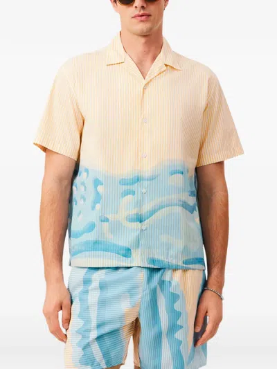 Lacoste Short-sleeve Camp Collar Shirt With Abstract Waves In Neutral