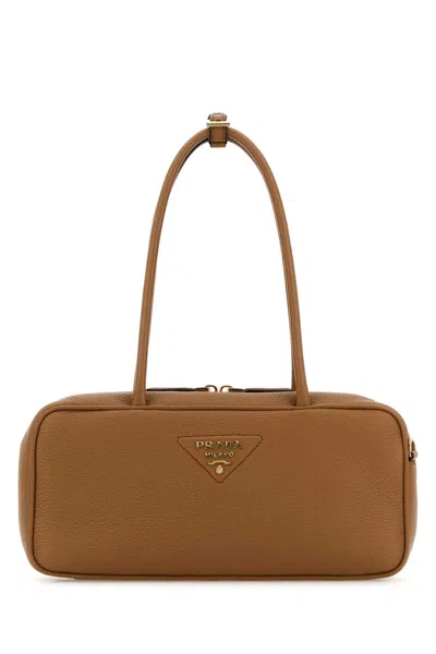 Prada Leather Shoulder Bag Double Handles Rectangular In Brown