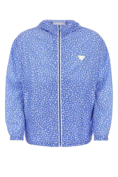Prada Patterned Lightweight Windbreaker With Elasticated Cuffs In Blue
