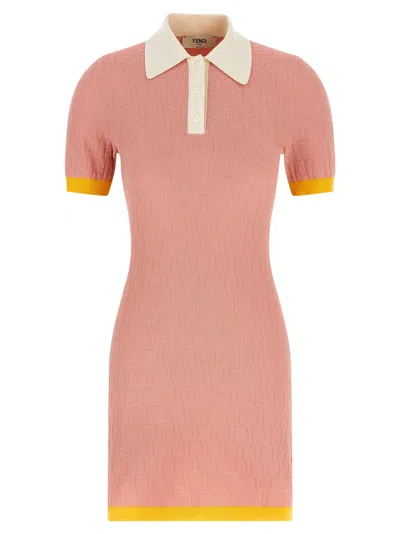 Fendi Women Cotton And Silk Blend Short Dress With All-over Ff Motif In Pink