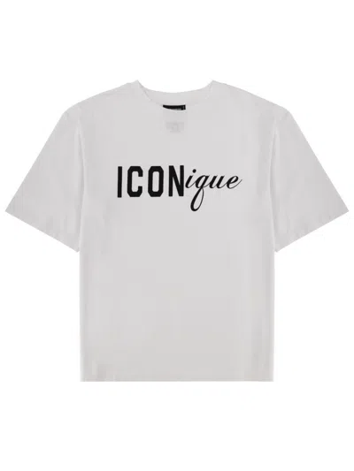 Dsquared2 Men White Crew Neck T-shirt With Raised Collar And Maxi Logo On The Front In Cotton Man In White