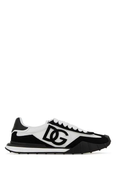 Dolce & Gabbana Aria White And Black Running Sneakers With Logo Detail In Suede And Tech Fabric Man In Animal Print