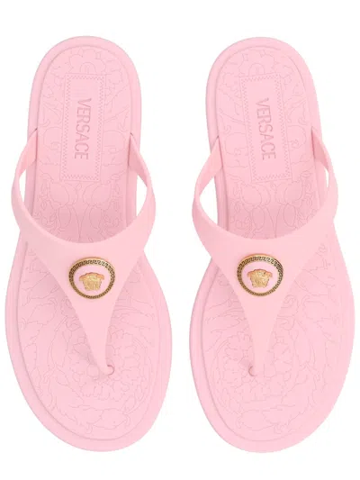 Versace Gianni Ribbon Pink Sandals With Metallic Medusa Head On The Front In Rubber Woman