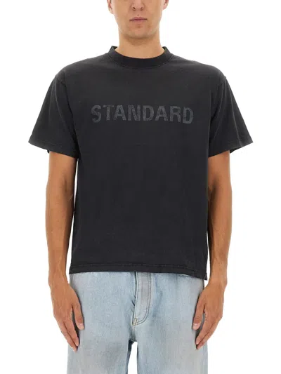 Balenciaga Men Black Crewneck T-shirt With Logo Print On The Front In Cotton Man In Blue