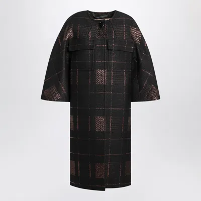 Max Mara Jacquard Lame Cocoon Coat With Checked Pattern In Black