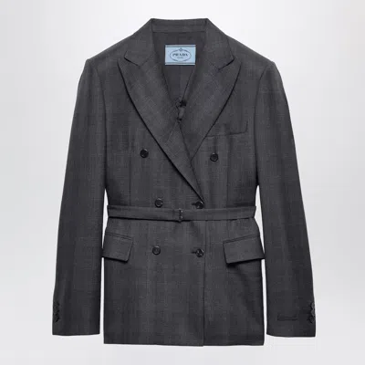 Prada Double-breasted Wool Jacket With Check Pattern In Gray