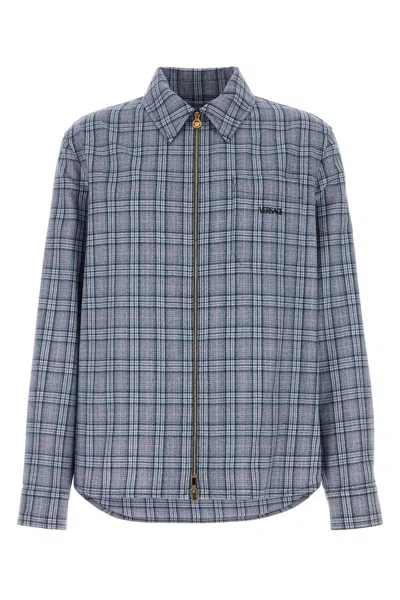 Versace Wool Shirt Featuring Embroidery Button Cuffs In Blue