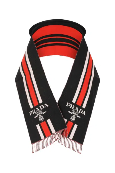 Prada Black Embroidered Wool Scarf In Multi