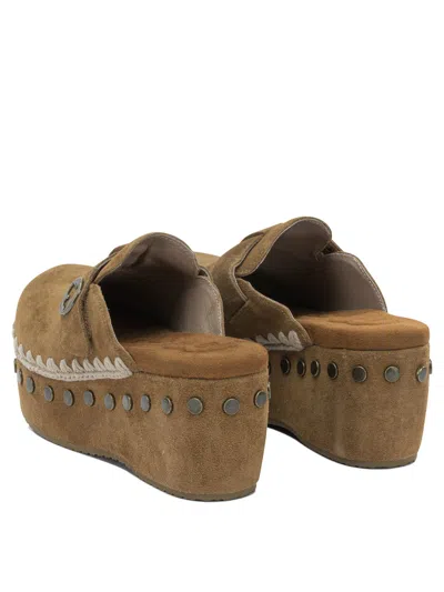 Mou Platform Mule Sandals Round Toe Studs Suede In Brown