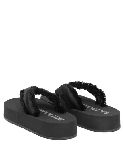 Balenciaga Fringed Strap Logo Embroidered Sandals For Women In Black
