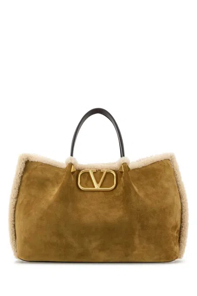 Valentino Garavani Medium Suede Shopping Bag With Sheepskin Lining Woman Havana B In Brown
