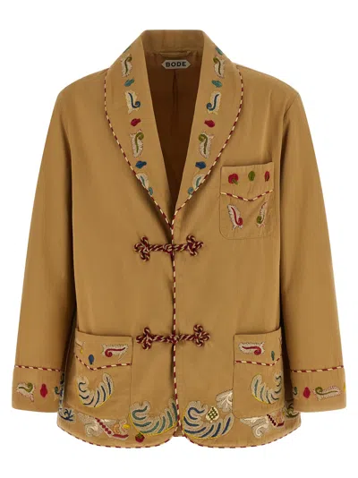 Bode Feather Runner Smoking Embroidered Blazer In Nude