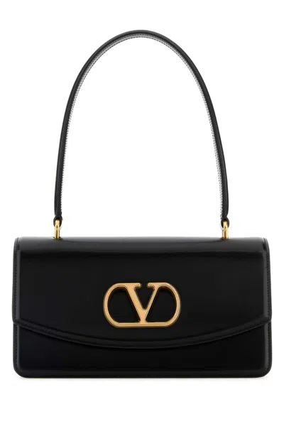 Valentino Vain Tote Bag In Shiny Calfskin With Metallic Vlogo Signature Detail In Black