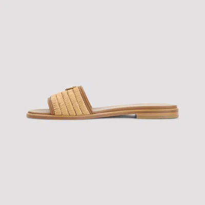Prada Triangle Logo Raffia Flat Slide Sandals In Brown