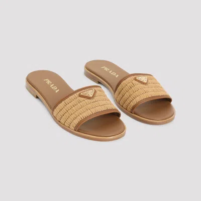 Prada Triangle Logo Raffia Flat Slide Sandals In Brown