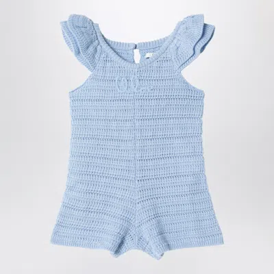 Chloé Light Blue Openwork Romper With Logo Embroidery In Blue