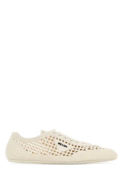 Prada Sneakers Perforated Design Round Toe Rubber Sole In Neutral