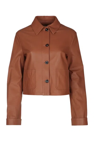 Jacob Cohen Leather Jacket Collared Neck Front Pockets In Brown