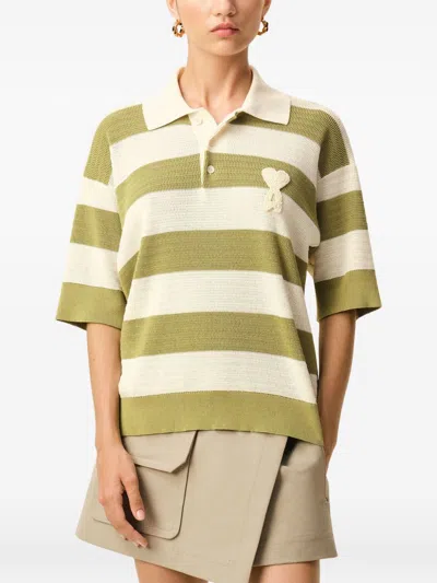 Ami Alexandre Mattiussi Ami Paris Ami De Coeur Striped Cotton Knit Polo Shirt In Brown