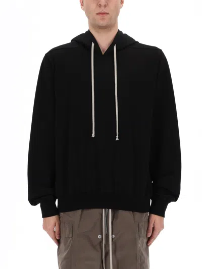 Rick Owens Hooded Sweatshirt Print Oversized Ribbed Cuffs In Black