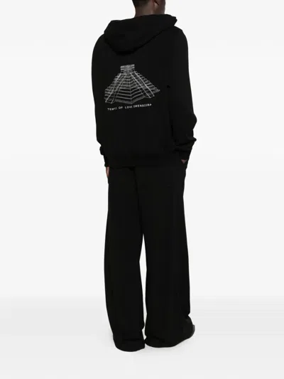 Rick Owens Hooded Sweatshirt Print Oversized Ribbed Cuffs In Black