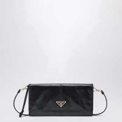 Prada Black Leather Wallet With Shoulder Strap In Purple