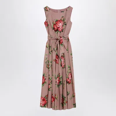 Dolce & Gabbana Cotton Sleeveless Boat Neck Floral Print Midi Dress In Animal Print