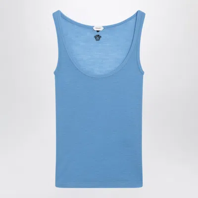 Versace Ribbed Silk-nylon Sleeveless Top With Subtle Logo In Blue