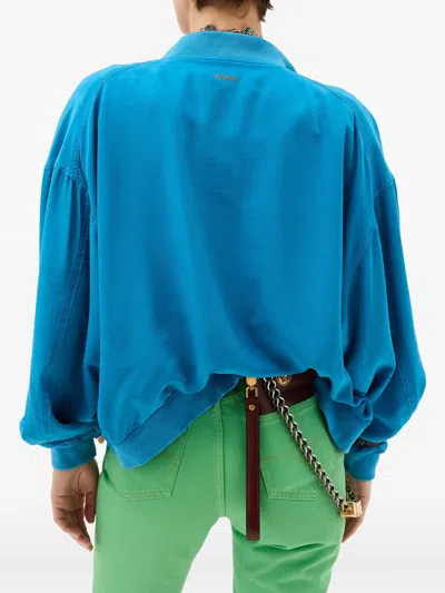 Versace Relaxed Fit Silk Jacket With Embroidered Logo And Zipper Closure In Blue