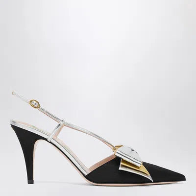 Valentino Garavani Bowow Slingback Pumps In Moirè Fabric 85mm Woman Black/silver/antique Gold 41 In Multi