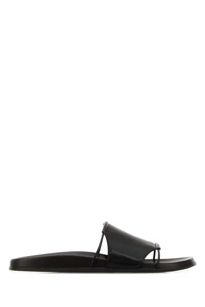 The Row Vivienne Leather Slippers Open Toe Flat Sole In Black