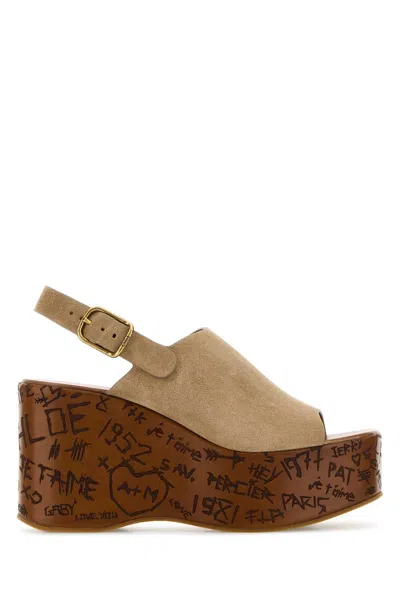Chloé Desert Sand Beige Suede Calf Leather Maxime Wedges Sandals In Brown