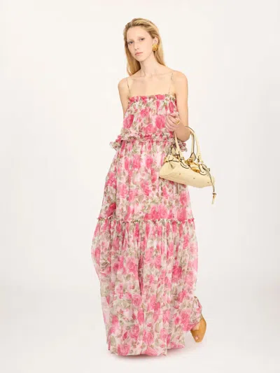 Chloé Chloe Floral Print Ruffled Silk-chiffon Maxi Dress In Pink