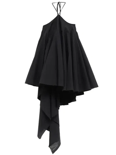 Jacquemus Courte Asymmetric Cotton-blend Crepon Halterneck Dress In Black
