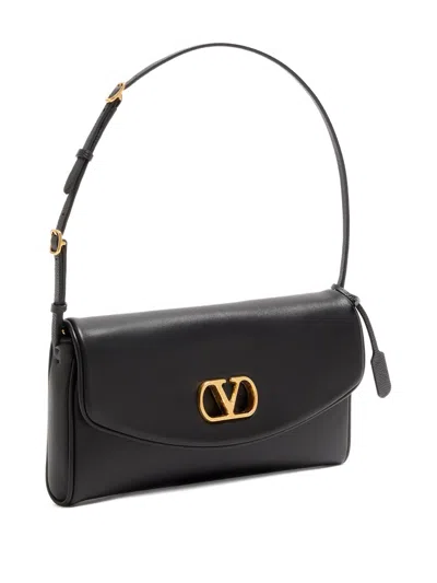 Valentino Devain Leather Shoulder Bag With Metal Vlogo Signature In Black