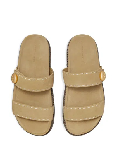 Tory Burch Button Strap Slide Sandals In Brown