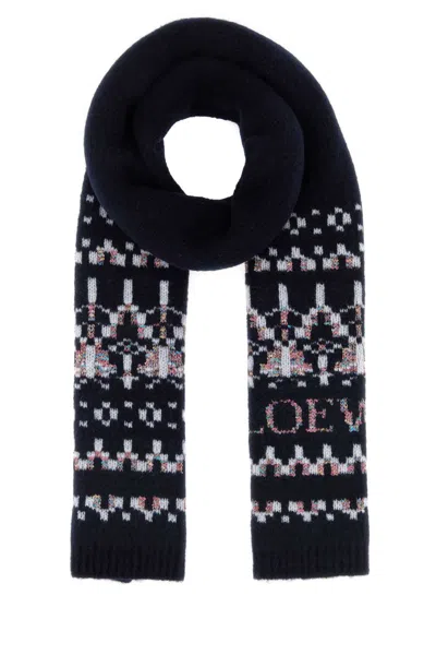 Loewe Womens Navy/multicolor Logo Intarsia Wool-blend Scarf In Black