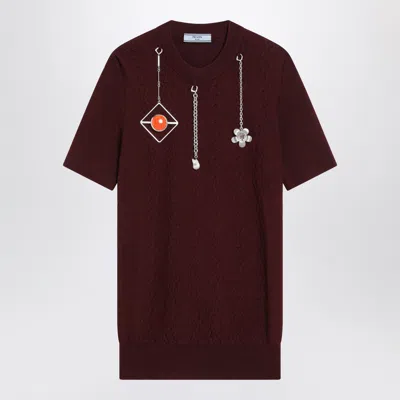 Prada Short-sleeved Wool Sweater With Pendants In Burgundy