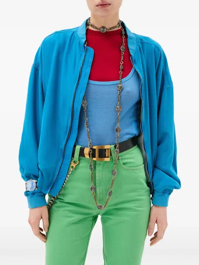 Versace Relaxed Fit Silk Jacket With Embroidered Logo And Zipper Closure In Blue
