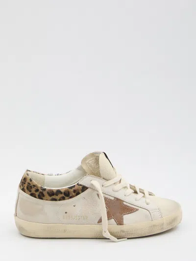 Golden Goose Super-star Sneakers In Suede With Worn Effect And Leopard Print Hairy Cow In White