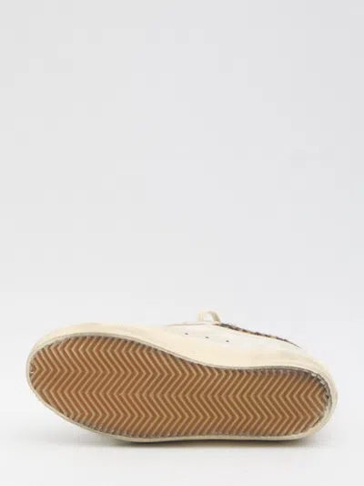 Golden Goose Super-star Sneakers In Suede With Worn Effect And Leopard Print Hairy Cow In White