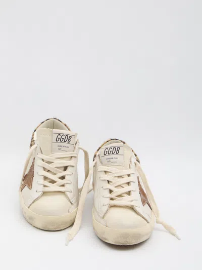 Golden Goose Super-star Sneakers In Suede With Worn Effect And Leopard Print Hairy Cow In White