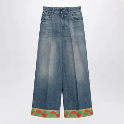 Valentino Wide Leg High Waist Jeans With Colorful Trim In Medium Blue In Blue