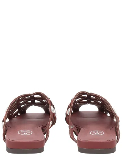 Ash Bone Embellished Open Toe Mule In Red