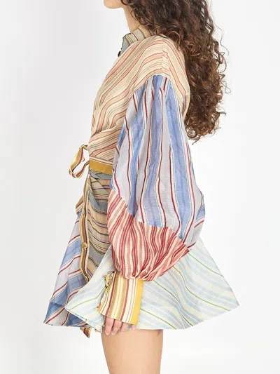Zimmermann Rebellion Multicolor Midi Dress With Bow Detail On The Front And All-over Striped Motif In Linen And