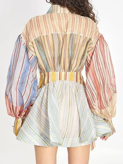 Zimmermann Rebellion Multicolor Midi Dress With Bow Detail On The Front And All-over Striped Motif In Linen And
