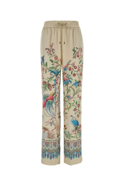 Etro Women White Pants With Elastic Drawstring Waist And All-over Floral Print In Tech Fabric Woman