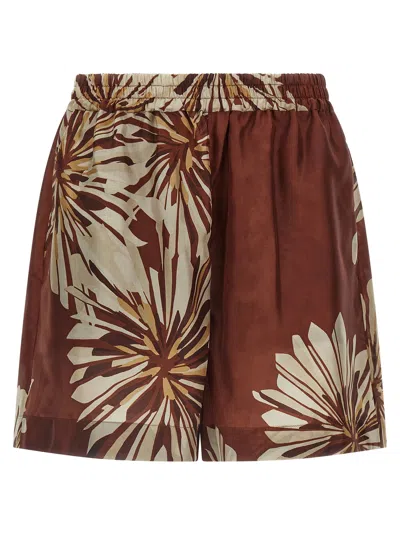 Brunello Cucinelli Women Silk Twill Shorts With Floral Print And Elasticated Waistband In Brown